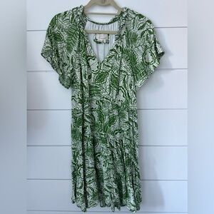 Anthropologie Green and White Leaf Print Mini Dress